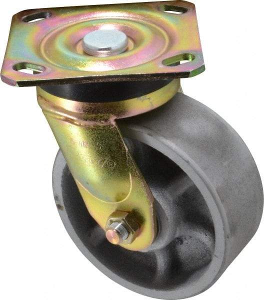 Albion - 5" Diam x 2" Wide x 6-1/2" OAH Top Plate Mount Swivel Caster - Semi-Steel, 1,100 Lb Capacity, Roller Bearing, 4 x 4-1/2" Plate - Benchmark Tooling