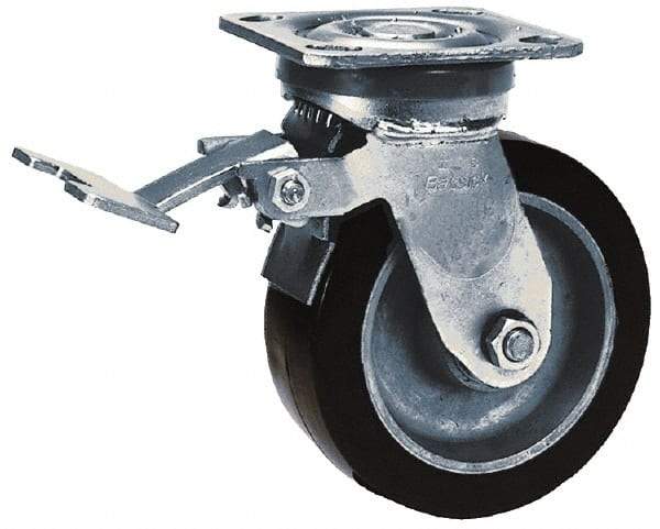 Albion - 5" Diam x 2" Wide x 6-1/2" OAH Top Plate Mount Swivel Caster with Brake - Phenolic, 900 Lb Capacity, Roller Bearing, 4 x 4-1/2" Plate - Benchmark Tooling