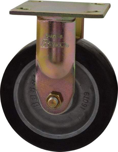 Albion - 6" Diam x 2" Wide x 7-1/2" OAH Top Plate Mount Rigid Caster - Rubber, 500 Lb Capacity, Roller Bearing, 4 x 4-1/2" Plate - Benchmark Tooling