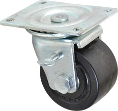 Albion - 3" Diam x 1-13/16" Wide x 3-31/32" OAH Top Plate Mount Swivel Caster with Brake - Phenolic, 700 Lb Capacity, Roller Bearing, 3-1/8 x 4-1/8" Plate - Benchmark Tooling