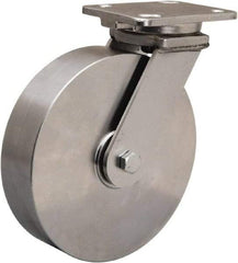 Hamilton - 8" Diam x 2" Wide x 9-1/2" OAH Top Plate Mount Swivel Caster - Forged Steel, 1,600 Lb Capacity, Stainless Steel Double Shielded Precision Ball Bearing, 4 x 5" Plate - Benchmark Tooling