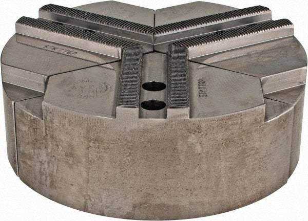 Abbott Workholding Products - 1.5mm x 60° Serrated Attachment, Round Soft Lathe Chuck Jaw - 3 Jaws, Steel, 0.7874" Btw Mount Hole Ctrs, 6" Wide x 2" High, 0.4724" Groove, 0.3937" & 10mm Fastener - Benchmark Tooling