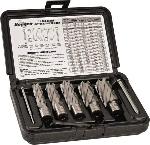 Hougen - 8 Piece, 5/8 to 1-1/8" Cutter Diam, 2" Cutting Depth, High Speed Steel Annular Cutter Set - Bright Finish, 3/4" Shank Diam, 5/8, 3/4, 7/8, 1, 1-1/8" Cutter Diams, 2 Flats on Shank - Benchmark Tooling