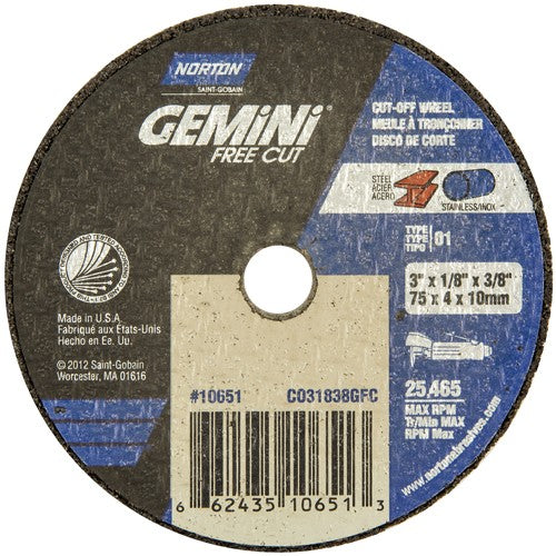 3 × 1/8 × 3/8″ Gemini Free Cut Small Diameter Cut-Off Wheel <=3″ A 36 T Type 01/41 - Benchmark Tooling