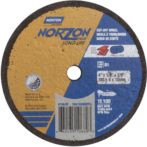 4″ × 1/8″ × 3/8″ NorZon Plus Small Diameter Cut-Off Wheel Type 01 Straight Aluminum Oxide - Benchmark Tooling