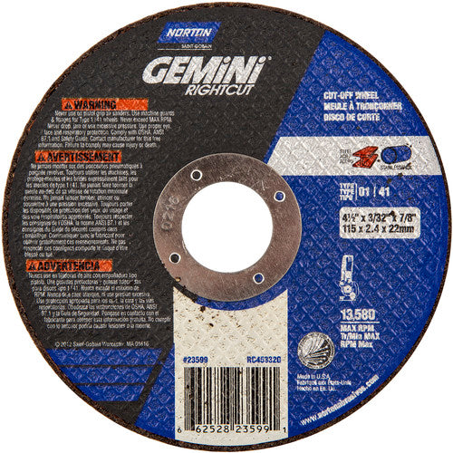 ‎4-1 /2″ × 0.090″ × 7/8″ Gemini Right Angle Cut-Off Wheel Type 01 Straight Aluminum Oxide - Benchmark Tooling