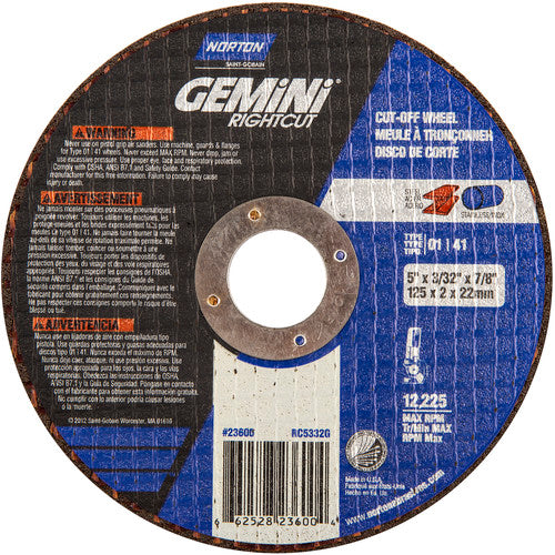 5″ × 0.090″ × 7/8″ Gemini Right Angle Cut-Off Wheel Type 01 Straight Aluminum Oxide - Benchmark Tooling