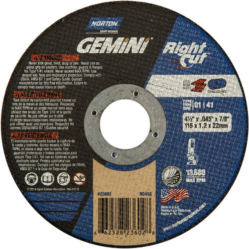 ‎4-1/2 x .045 × 7/8″ Gemini RightCut Right Angle Cut-Off Wheel A 36 Q Type 01/41 - Benchmark Tooling