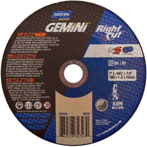 7″ × 0.060″ × 7/8″ Gemini Right Angle Cut-Off Wheel Type 01 Straight Aluminum Oxide - Benchmark Tooling