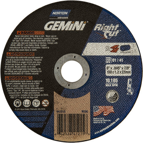 6 x .045 × 7/8″ Gemini RightCut Right Angle Cut-Off Wheel A 36 Q B Type 01/41 - Benchmark Tooling