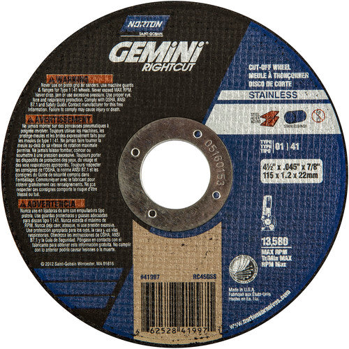 ‎4-1 /2″ × 0.045″ × 7/8″ Right Angle Cut-Off Wheel Gemini RightCut SS 36 Grit - Benchmark Tooling