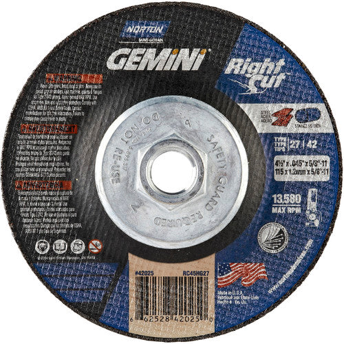 ‎4-1/2 x .045 × 5/8 - 11″ Gemini RightCut Cutting Wheel A 24 T BDA3 Type 27/42 - Benchmark Tooling