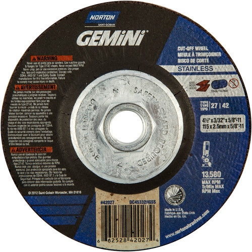 ‎4-1/2 × 3/32 × 5/8 - 11″ Gemini INOX/SS Cutting Wheel A 30 Q BDA Type 27/42 - Benchmark Tooling