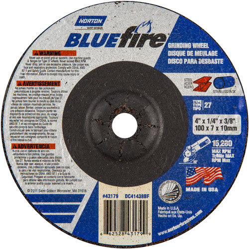 4″ × 1/4″ × 3/8″ BlueFire Non-Woven Depressed Center Wheel Type 27 Zirconia Alumina / Aluminum Oxide - Benchmark Tooling