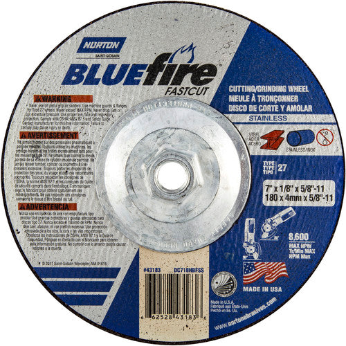 7″ × 1/8″ × 5/8″ BlueFire Non-Woven Depressed Center Wheel Type 27 Zirconia Alumina / Aluminum Oxide - Benchmark Tooling