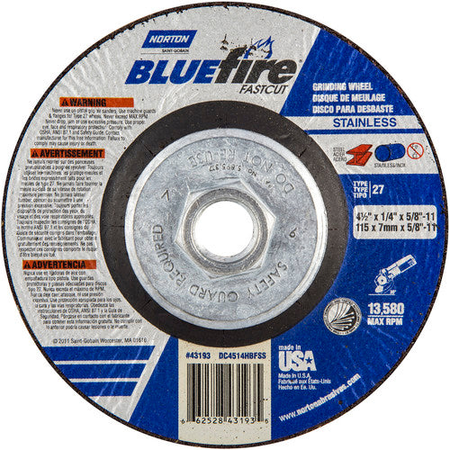 ‎4-1/2″ × 1/4″ × 5/8″ BlueFire Non-Woven Depressed Center Wheel Type 27 - Benchmark Tooling