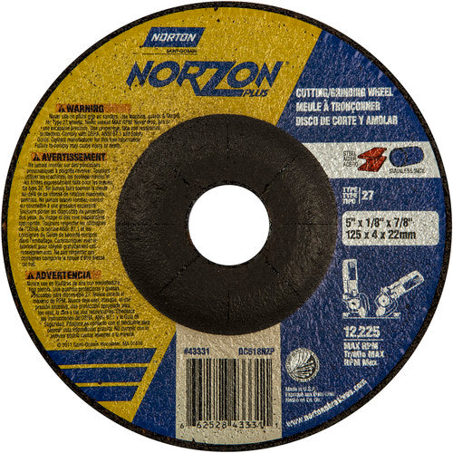 5″ × 1/8″ × 7/8″ NorZon Plus Non-Woven Depressed Center Wheel Type 27 Ceramic Alumina / Zirconia Alumina - Benchmark Tooling