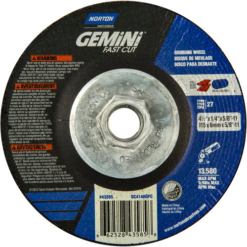 ‎4-1/2 × 1/4 × 5/8 - 11″ Gemini Fast Cut Grinding Wheel A 24 N BDA Type 27 - Benchmark Tooling