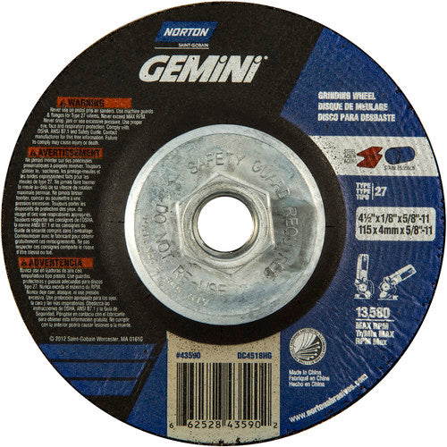 ‎4-1/2 × 1/8 × 5/8 - 11″ Gemini Long Life Grinding Wheel A 24 Q BDA Type 27 - Benchmark Tooling