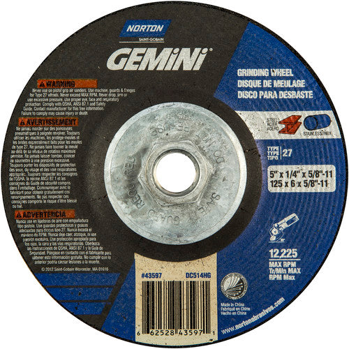 ‎5 × 1/4 × 5/8 - 11″ Gemini Grinding Wheel A 24 S BDA Type 27 - Benchmark Tooling