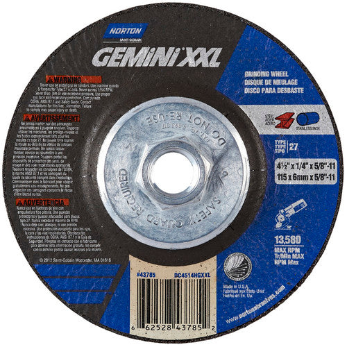 ‎4-1/2″ × 1/4″ × 5/8″-11 Gemini Depressed Center Wheel Type 27 Aluminum Oxide - Benchmark Tooling