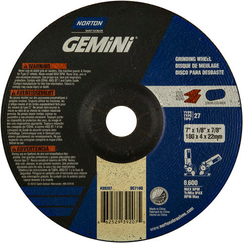 7 × 1/8 × 7/8″ Gemini Long Life Grinding Wheel A 24 R Type 27 - Benchmark Tooling