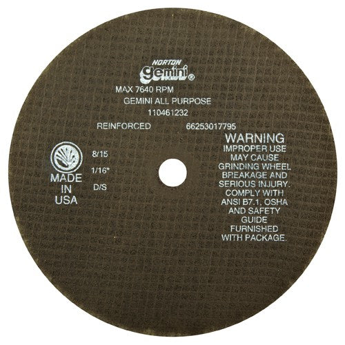 8″ × 0.060″ × 5/8″ Gemini Circular Saw Cut-Off Wheel Type 01 Straight 36 Grit Aluminum Oxide - Benchmark Tooling