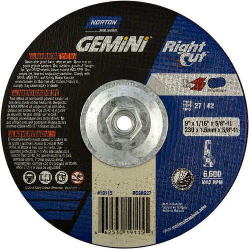 9″ × 0.060″ × 5/8″ Gemini Non-Woven Depressed Center Wheel Type 27 - Benchmark Tooling