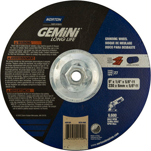 ‎9 × 1/4 × 5/8 - 11″ Gemini Long Life Grinding Wheel A 24 R Type 27 - Benchmark Tooling