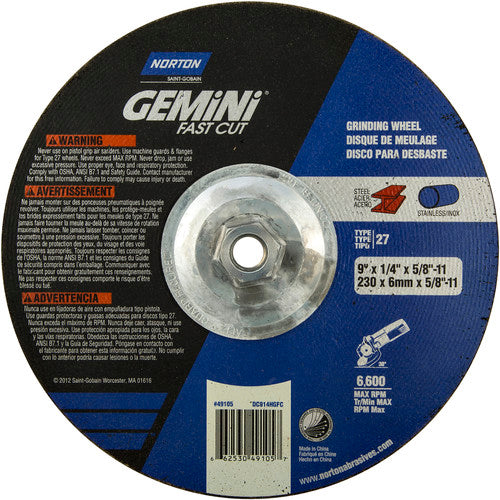 ‎9 × 1/4 × 5/8 - 11″ Gemini Fast Cut Grinding Wheel A 24 N Type 27 - Benchmark Tooling