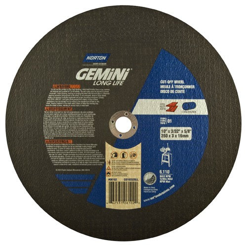 10″ × 0.09375″ × 5/8″ Gemini Stationary Saw Cut-Off Wheel Aluminum Oxide - Benchmark Tooling