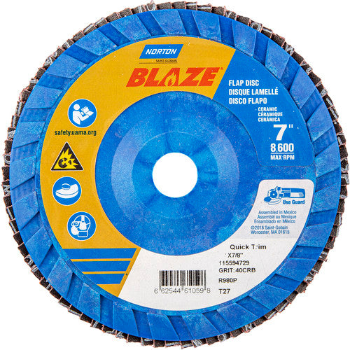 7 × 7/8″ Blaze Plastic Flat Flap Disc Type 27 40 Grit R980P Premium Ceramic Alumina - Benchmark Tooling