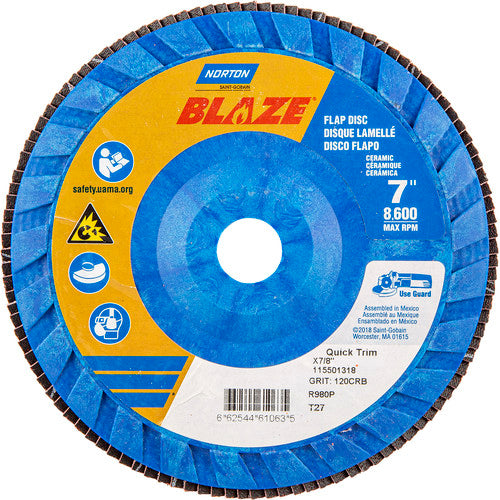 7 × 7/8″ Blaze Plastic Flat Flap Disc Type 27 120 Grit R980P Premium Ceramic Alumina - Benchmark Tooling