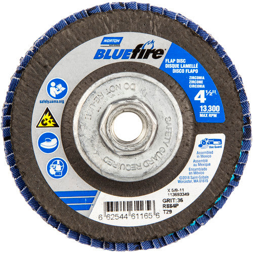 ‎4-1/2 × 5/8 - 11″ BlueFire Fiberglass Conical Flap Disc Type 29 P36 Grit R884P Zirconia Alumina - Benchmark Tooling