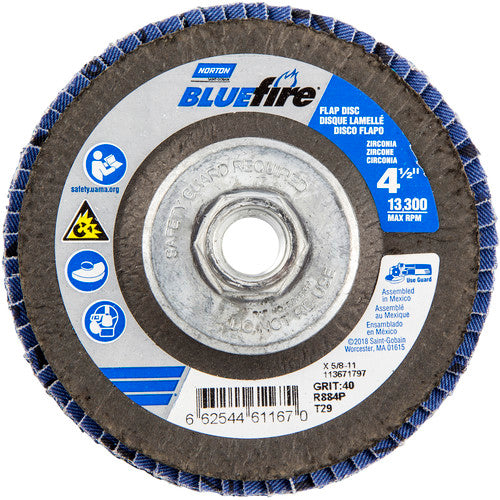 ‎4-1/2 × 5/8 - 11″ BlueFire Fiberglass Conical Flap Disc Type 29 P40 Grit R884P Zirconia Alumina - Benchmark Tooling