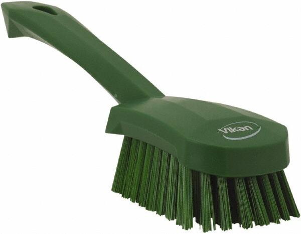 Vikan - 1.3" Bristle Length, Polyester Scrub Brush - 4-1/4" Long x 2-3/4" Wide Head, 10" OAL, Green, Polypropylene Block - Benchmark Tooling