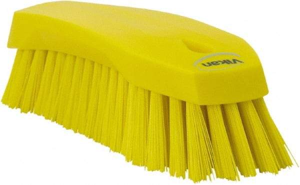 Vikan - 1.3" Bristle Length, Polyester Utility Scrub Brush - 7" Long x 3" Wide Head, 8" OAL, Yellow, Polypropylene Block - Benchmark Tooling