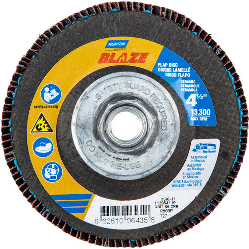 ‎4-1/2 × 5/8 - 11″ Blaze Fiberglass HD Flat Flap Disc Type 27 60 Grit R980P Premium Ceramic Alumina - Benchmark Tooling