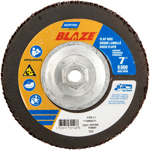 ‎7 × 5/8 - 11″ Blaze Fiberglass HD Flat Flap Disc Type 27 40 Grit R980P Premium Ceramic Alumina - Benchmark Tooling