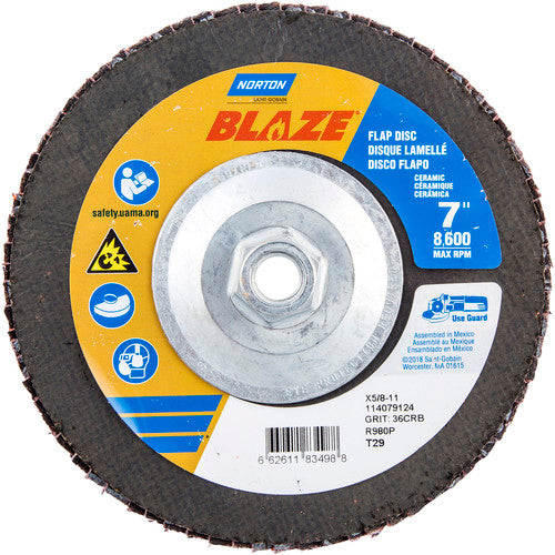 ‎7 × 5/8 - 11″ Blaze Fiberglass Conical Flap Disc Type 29 36 Grit R980P Premium Ceramic Alumina - Benchmark Tooling