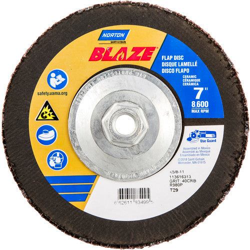 ‎7 × 5/8 - 11″ Blaze Fiberglass Conical Flap Disc Type 29 40 Grit R980P Premium Ceramic Alumina - Benchmark Tooling