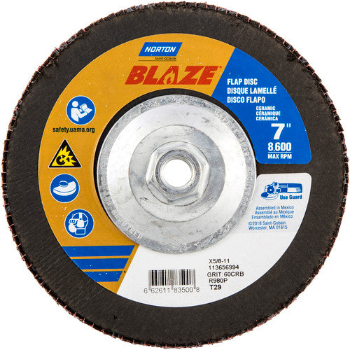 ‎7 × 5/8 - 11″ Blaze Fiberglass Conical Flap Disc Type 29 60 Grit R980P Premium Ceramic Alumina - Benchmark Tooling