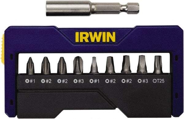 Irwin - 10 Piece, 1/4" Drive Screwdriver Insert Bit Set - #1 to #3 Phillips, 0.05 to 1/4" Hex, 1.27 to 10mm Hex, T25 Torx, #1 to #3 Square Recess - Benchmark Tooling