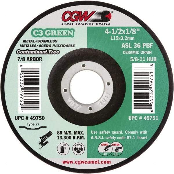 Camel Grinding Wheels - 36 Grit, 4-1/2" Wheel Diam, 1/8" Wheel Thickness, 7/8" Arbor Hole, Type 27 Depressed Center Wheel - Medium Grade, Aluminum Oxide, Resinoid Bond, 13,300 Max RPM - Benchmark Tooling