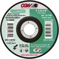 Camel Grinding Wheels - 36 Grit, 4-1/2" Wheel Diam, 1/8" Wheel Thickness, 7/8" Arbor Hole, Type 27 Depressed Center Wheel - Medium Grade, Aluminum Oxide, Resinoid Bond, 13,300 Max RPM - Benchmark Tooling