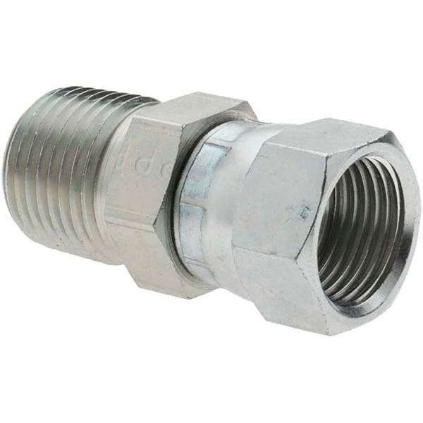 Parker - 1/2" Tube OD, 37° Steel Flared Tube Swivel Connector - 1/2-14 NPTF, Flare x NPTF Ends - Benchmark Tooling