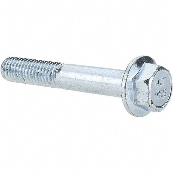 Made in USA - M8x1.25 Metric Coarse, 50mm Length Under Head, Hex Drive Flange Bolt - 30mm Thread Length, Grade 10.9 Alloy Steel, Smooth Flange, Zinc-Plated Finish - Benchmark Tooling