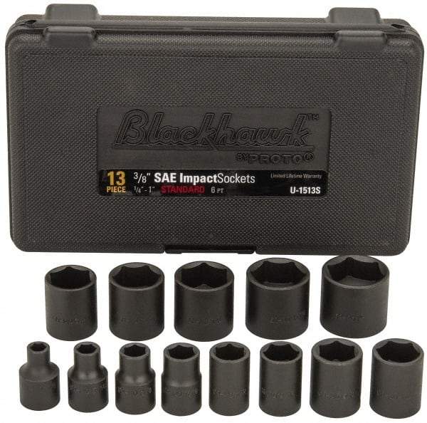 Blackhawk by Proto - 13 Piece 3/8" Drive Black Finish Impact Socket Set - 6 Points, 1/4" to 1" Range, Inch Measurement Standard - Benchmark Tooling