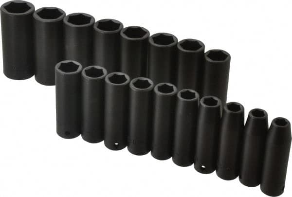 Proto - 18 Piece 1/2" Drive Black Finish Deep Well Impact Socket Set - 6 Points, 10mm to 27mm Range, Metric Measurement Standard - Benchmark Tooling