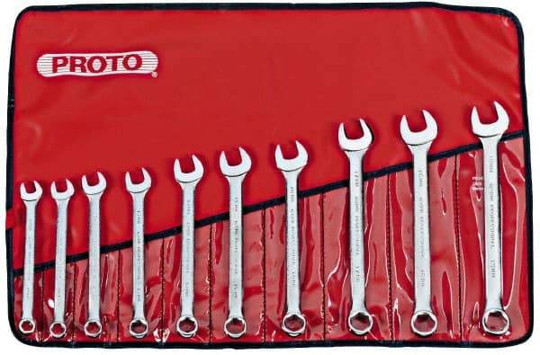 Proto - 10 Piece, 11mm to 19mm, 6 Point Combination Wrench Set - Metric Measurement Standard, Satin Chrome Finish, Comes in Nylon Roll - Benchmark Tooling